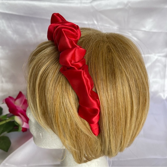 Red Satin Headband wrap scrunched For Women Pleated design - Picture 5 of 15